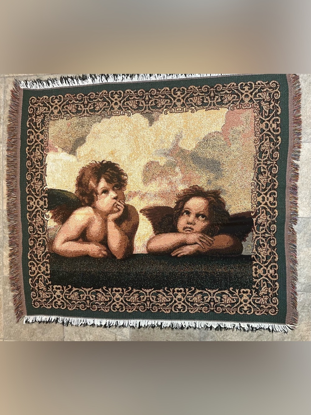 Vintage Raphael Cherub Tapestry Fringe Knit Throw Blanket Angels